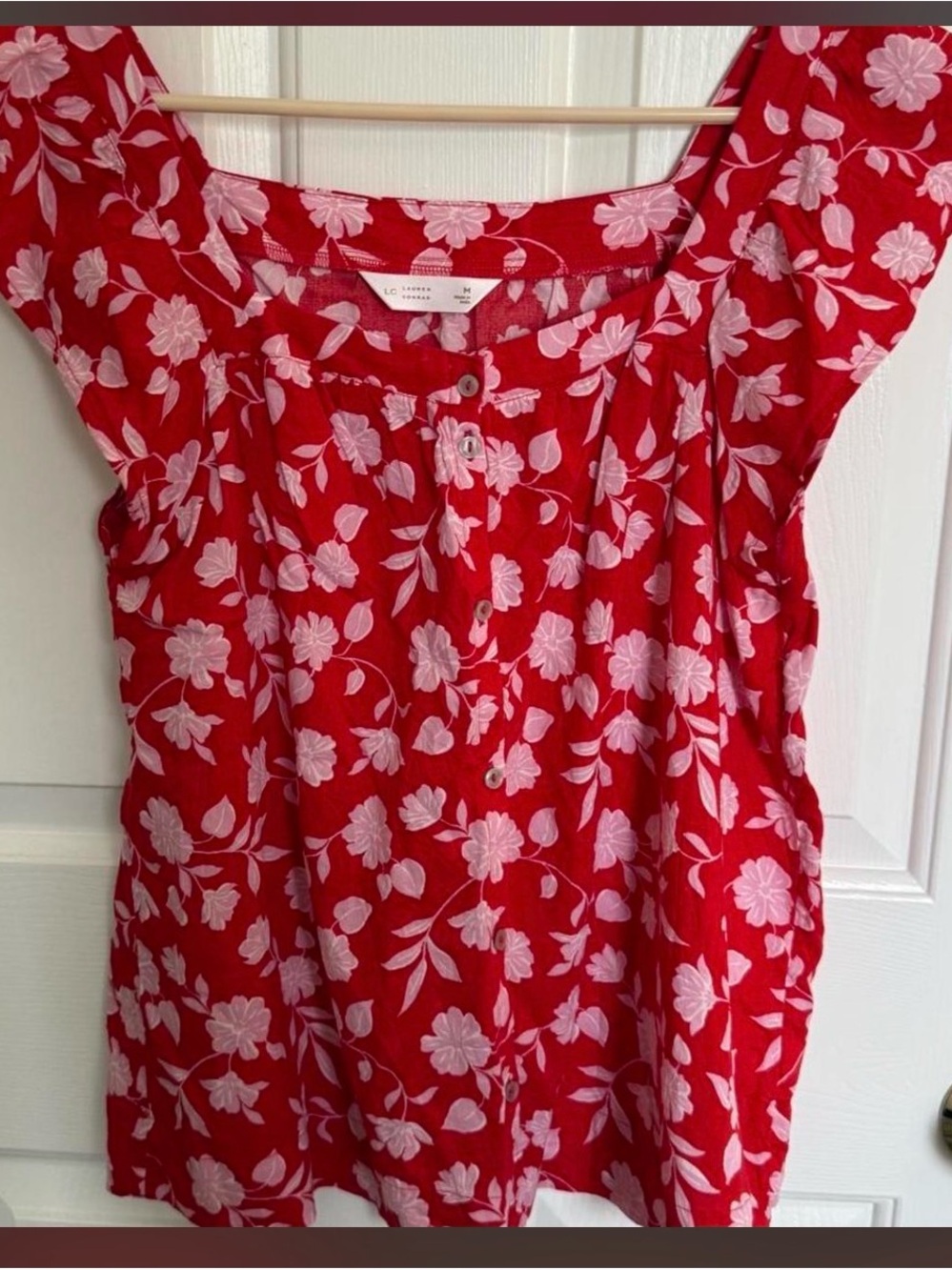 Lauren Conrad Red Floral Button-Front Floral Top